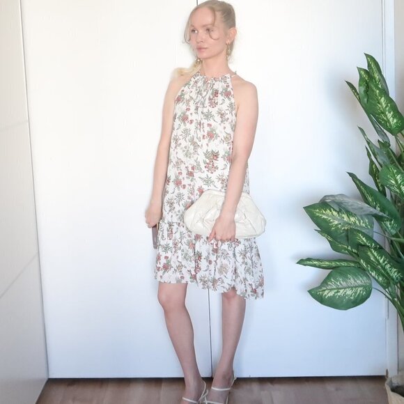 Max Studio White Floral Halter Knee Length Midi Dress With Ruffle Hem Size XS - Picture 4 of 14